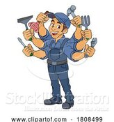 Vector Illustration of Cartoon Handyman Handy Guy Caretaker Multitasking by AtStockIllustration