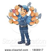 Vector Illustration of Cartoon Handyman Handy Guy Caretaker Multitasking by AtStockIllustration