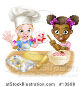 Vector Illustration of Cartoon Happy White and Black Girls Making Pink Frosting and Star Shaped Cookies by AtStockIllustration
