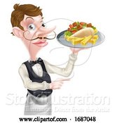 Vector Illustration of Cartoon Kebab and Chips Waiter Pointing by AtStockIllustration