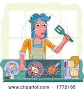 Vector Illustration of Cartoon Lady Cooking Food Fried English Breakfast Kitchen by AtStockIllustration