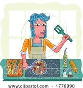 Vector Illustration of Cartoon Lady Cooking Vegetable Curry Chinese Food Kitchen by AtStockIllustration
