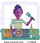 Vector Illustration of Cartoon Lady Cooking Vegetable Curry Chinese Food Kitchen by AtStockIllustration