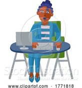Vector Illustration of Cartoon Lady Working Behind Desk Computer Workstation by AtStockIllustration