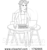 Vector Illustration of Cartoon Lady Working Behind Desk Computer Workstation by AtStockIllustration