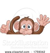 Vector Illustration of Cartoon Monkey Animal Behind Sign Thumbs up Waving by AtStockIllustration