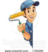 Vector Illustration of Cartoon Painter Decorator Paint Roller Handy Guy by AtStockIllustration