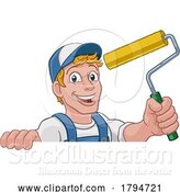 Vector Illustration of Cartoon Painter Decorator Paint Roller Handy Guy by AtStockIllustration