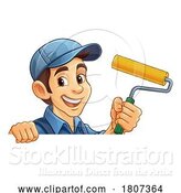 Vector Illustration of Cartoon Painter Decorator Paint Roller Handy Guy by AtStockIllustration