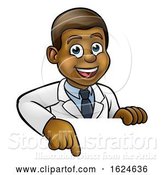 Vector Illustration of Cartoon Pointing Scientist Character Sign by AtStockIllustration