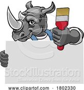 Vector Illustration of Cartoon Rhino Painter Decorator Paint Brush Mascot Guy by AtStockIllustration