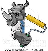 Vector Illustration of Cartoon Rhino Painter Decorator Paint Roller Mascot Guy by AtStockIllustration