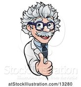 Vector Illustration of Cartoon Senior Male Scientist Giving a Thumb up Around a Sign by AtStockIllustration