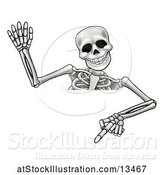 Vector Illustration of Cartoon Skeleton Waving and Pointing down over a Sign by AtStockIllustration