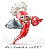 Vector Illustration of Cartoon Spicy Hot Red Chili Pepper Chef Mascot Holding a Cloche and Gesturing Ok by AtStockIllustration