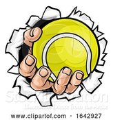 Vector Illustration of Cartoon Tennis Ball Hand Tearing Background by AtStockIllustration