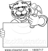 Vector Illustration of Cartoon Tiger Hammer Mascot Handyman Carpenter by AtStockIllustration