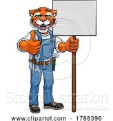 Vector Illustration of Cartoon Tiger Mascot Handyman Holding Sign by AtStockIllustration
