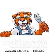 Vector Illustration of Cartoon Tiger Plumber or Mechanic Holding Spanner by AtStockIllustration