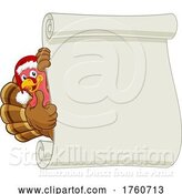 Vector Illustration of Cartoon Turkey Santa Hat Christmas Scroll Sign by AtStockIllustration