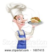 Vector Illustration of Cartoon White Male Chef Holding a Souvlaki Kebab Sandwich on a Tray by AtStockIllustration