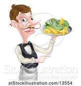 Vector Illustration of Cartoon White Male Waiter Pointing and Holding Fish and a Chips on a Tray by AtStockIllustration