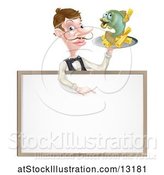 Vector Illustration of Cartoon White Male Waiter with a Curling Mustache, Holding Fish and a Chips on a Tray and Pointing down over a Menu by AtStockIllustration