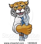 Vector Illustration of Cartoon Wildcat Plumber or Mechanic Holding Spanner by AtStockIllustration