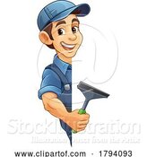 Vector Illustration of Cartoon Window Cleaner Car Wash Squeegee Guy by AtStockIllustration