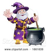 Vector Illustration of Cartoon Wizard Character and Cauldron by AtStockIllustration