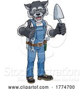Vector Illustration of Cartoon Wolf Bricklayer Builder Holding Trowel Tool by AtStockIllustration