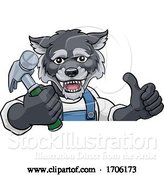 Vector Illustration of Cartoon Wolf Carpenter Handyman Builder Holding Hammer by AtStockIllustration