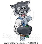 Vector Illustration of Cartoon Wolf Carpenter Handyman Builder Holding Hammer by AtStockIllustration