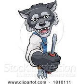 Vector Illustration of Cartoon Wolf Electrician Handyman Holding Screwdriver by AtStockIllustration