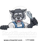 Vector Illustration of Cartoon Wolf Plumber or Mechanic Holding Spanner by AtStockIllustration