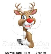 Vector Illustration of Christmas Reindeer Peeking Around a Sign and Pointing by AtStockIllustration