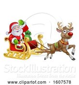 Vector Illustration of Christmas Santa Claus in a Flying Magic Sleigh with a Red Nosed Reindeer by AtStockIllustration