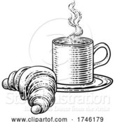 Vector Illustration of Coffee Tea Cup Mug and Croissant Woodcut by AtStockIllustration