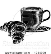 Vector Illustration of Coffee Tea Cup Mug and Croissant Woodcut by AtStockIllustration