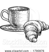 Vector Illustration of Coffee Tea Cup Mug and Croissant Woodcut by AtStockIllustration