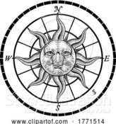 Vector Illustration of Compass Sun Face Etching Rose Woodcut Drawing by AtStockIllustration