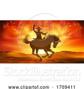 Vector Illustration of Cowboy Riding Horse Silhouette Sunset Background by AtStockIllustration