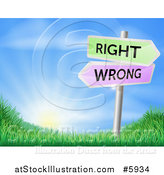 Vector Illustration of Directional Wrong and Right Arrow Signs over a Sunrise and Grassy Hill by AtStockIllustration