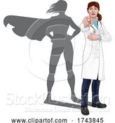 Vector Illustration of Doctor Lady Pointing with Super Hero Shadow by AtStockIllustration