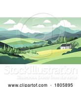 Vector Illustration of Fields Hills Farm House Landscape Background by AtStockIllustration