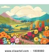 Vector Illustration of Fields Hills Flowers Country Landscape Background by AtStockIllustration