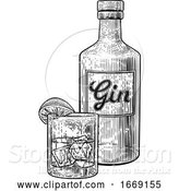 Vector Illustration of Gin Cocktail Bottle Glass and Ice Vintage Woodcut by AtStockIllustration