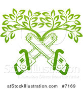 Vector Illustration of Gradient Green Crossed Chainsaws and a Tree by AtStockIllustration