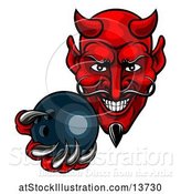 Vector Illustration of Grinning Evil Red Devil Holding out a Bowling Ball in a Clawed Hand by AtStockIllustration