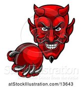 Vector Illustration of Grinning Evil Red Devil Holding out a Cricket Ball in a Clawed Hand by AtStockIllustration